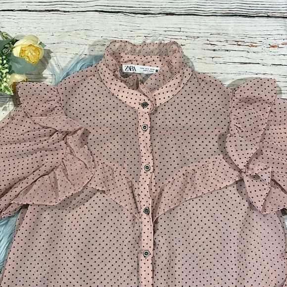 Zara Ruffled Red Polka Dot Pink Ruffle Sheer Blouse - Picture 5 of 10